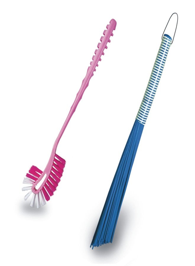 Vimal Steelo (Maxclean - Long Handle) Toilet Cleaning Brush + Kharata 24 (Extra Long & Heavy Duty) Plastic Broom Combo Set - Image 1